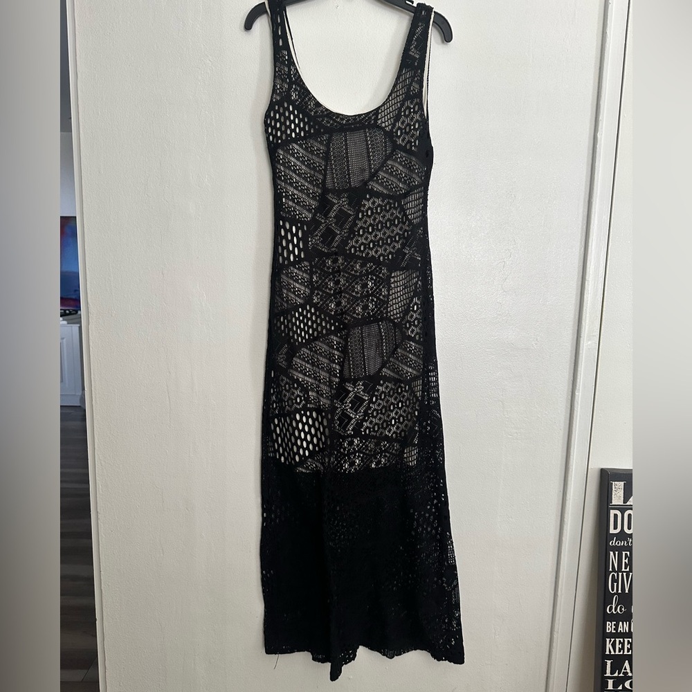 Velvet Torch black Sleeveless Maxi Dress crotchet overlay lined 90s y2k vintage